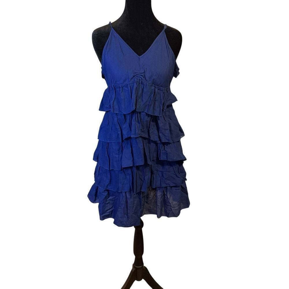 GO International Women’s Blue Tiered Ruffle Dress Size M | 100% Cotton | Summer
